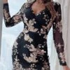 Women‘s Party Dress Sequin Dress Homecoming Dress Cocktail Dress Mini Dress Silver Black White Long Sleeve Floral Sequins Sparkly Glitter Spring Fall Winter V Neck Fashion Wedding Guest Birthday -Tesla Style ejtxur1692683031673