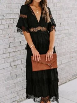 Women's Party Dress Lace Dress White Dress Midi Dress Black Pink White Half Sleeve Pure Color Lace Spring Summer V Neck S M L XL XXL -Tesla Style ejxstt1630555188107