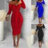 Women‘s Cocktail Party Dress Wedding Guest Dress Short Mini Dress Blue Red Black Long Sleeve Elk Snowflake Pure Color Fall Winter Off Shoulder Fashion 2023 S M L XL XXL -Tesla Style ekagnj1672304071550