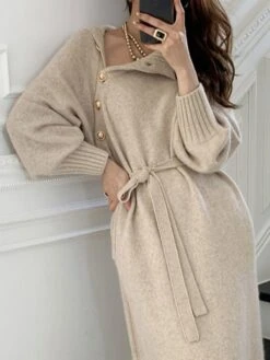 Women‘s Sweater Dress Winter Dress Sheath Dress Knee Length Dress Black Khaki Beige Long Sleeve Pure Color Button Fall Winter Autumn Turtleneck Stylish Winter Dress Fall Dress Loose Fit 2023 One-Size -Tesla Style ekbwxf1658746614661