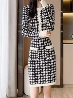 Women's Jumper Dress Knit Dress Midi Dress Daily Houndstooth Casual Daily Round Neck Long Sleeve Patchwork 2023 Regular Fit Black One Size