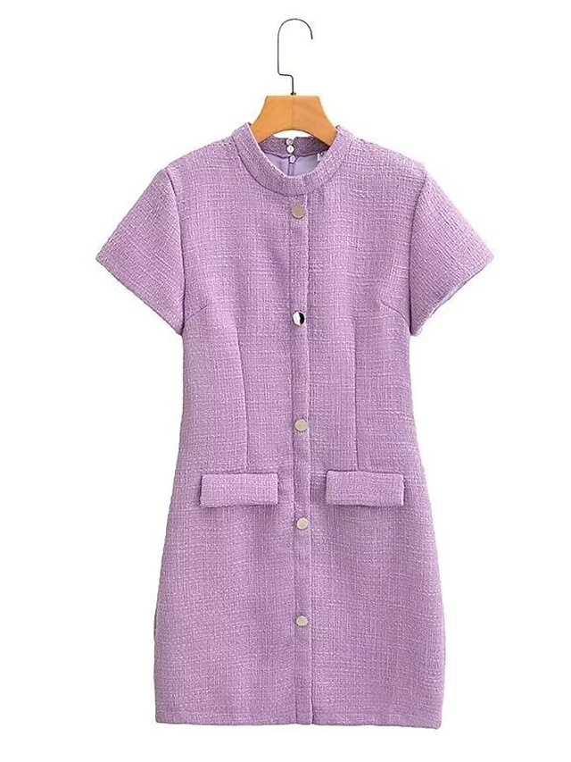 Women's Work Dress Casual Dress Sheath Dress Fashion Office Daily Mini Dress Patchwork Button Stand Collar Short Sleeve Plain Regular Fit Purple Fall Winter S M L 4 Women's Work Dress Casual Dress Sheath Dress Fashion Office Daily Mini Dress Patchwork Button Stand Collar Short Sleeve Plain Regular Fit Purple Fall Winter S M L - Image 2