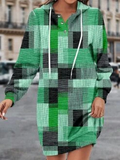 Women's Casual Dress Hoodie Dress Winter Dress Plaid Button Print Hooded Mini Dress Fashion Streetwear Outdoor Daily Long Sleeve Regular Fit Blue Green Khaki Fall Winter S M L XL XXL -Tesla Style ekqqlf1694602635861