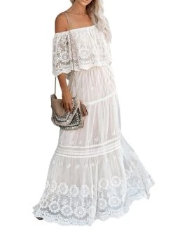 Women's Long Dress Maxi Dress Party Dress Lace Dress Swing Dress Floral Fashion Elegant Dress Daily Vacation Going Out Lace Mesh Half Sleeve Off Shoulder Dress Slim White Summer Spring S M L XL -Tesla Style ektabp1672990409769