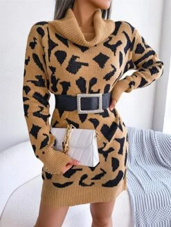 Women's Sweater Dress Jumper Dress Casual Dress Mini Dress Fashion Leopard Outdoor Daily Going Out Turtleneck Long Sleeve 2023 Loose Fit Black Wine Khaki S M L -Tesla Style ekwsdf1694756284550