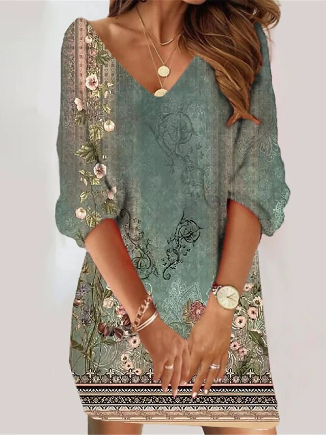 Women's Casual Dress Ethnic Dress Summer Dress Floral Color Block Print V Neck Mini Dress Vintage Ethnic Outdoor Daily 3/4 Length Sleeve Loose Fit Black Yellow Wine Summer Spring S M L XL XXL 5 Women's Casual Dress Ethnic Dress Summer Dress Floral Color Block Print V Neck Mini Dress Vintage Ethnic Outdoor Daily 3/4 Length Sleeve Loose Fit Black Yellow Wine Summer Spring S M L XL XXL - Image 3