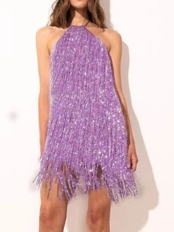 Women‘s Party Dress Fringe Dress Sequin Dress Homecoming Dress Mini Dress Purple Gold Sleeveless Pure Color Sparkly Glitter Sequins Spring Fall Winter Halter Neck Fashion Wedding Guest Birthday -Tesla Style elmwro1692689915752