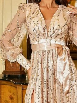 Women's Party Dress Sequin Dress Homecoming Dress Long Dress Maxi Dress Black Gold Long Sleeve Pure Color Sequins Fall Winter Autumn Deep V Modern Winter Dress Fall Dress 2023 S M L XL -Tesla Style elnmhh1693535282181
