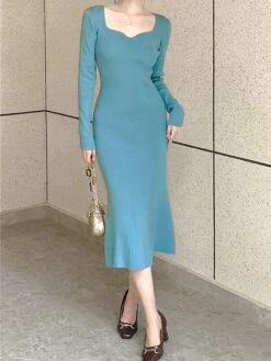 Women's Sweater Dress Jumper Dress Casual Dress Midi Dress Fashion Pure Color Outdoor Daily Vacation Going Out V Neck Long Sleeve Patchwork 2023 Regular Fit Black Pink Blue S M -Tesla Style elqqzm1695268444438