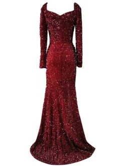 Women's Prom Dress Party Dress Sequin Dress Long Dress Maxi Dress Wine Long Sleeve Pure Color Sequins Spring Fall Winter Square Neck Party Party Winter Dress Wedding Guest 2023 S M L XL XXL -Tesla Style emixwa1676013317989