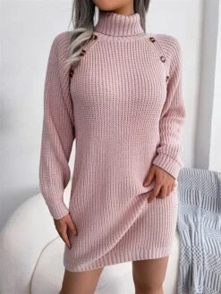 Women's Sweater Dress Winter Dress Jumper Dress Mini Dress Button Outdoor Street Daily Fashion Streetwear Turtleneck Long Sleeve 2023 Loose Fit White Pink Army Green Color S M L Size -Tesla Style empyoj1694154089957