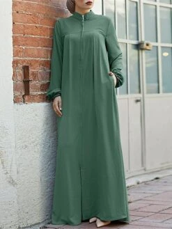 Women's Work Dress Swing Dress Black Dress Classic Long Dress Maxi Dress Zipper Pocket Stand Collar Long Sleeve Plain Loose Fit Black Brown Green Fall Winter S M L XL XXL -Tesla Style emsddu1693300608911