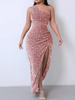 Women's Prom Dress Party Dress Sequin Dress Long Dress Maxi Dress Silver Black Pink Sleeveless Pure Color Sequins Summer Spring Fall One Shoulder Party Wedding Guest Birthday Evening Party Slim 2023 -Tesla Style emvepn1660213433949