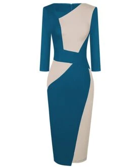 Women's Work Dress Sheath Dress Semi Formal Dress Fashion Midi Dress Patchwork V Neck 3/4 Length Sleeve Color Block Regular Fit Black Red Navy Blue Fall Winter S M L XL XXL -Tesla Style emzgtd1692610637069