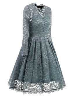 Women's Party Dress Lace Dress Homecoming Dress Knee Length Dress Green Gray Long Sleeve Pure Color Lace Spring Fall Winter V Neck Vintage Party Winter Dress Birthday 2023 S M L XL XXL -Tesla Style enlkzt1657534857843