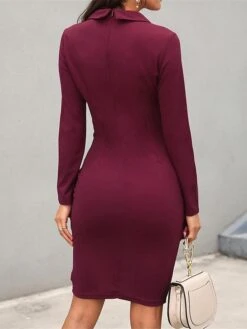 Women's Work Dress Sheath Dress Semi Formal Dress Fashion Office Daily Workfashion Midi Dress Button Lapel Long Sleeve Plain Regular Fit Black Wine Fuchsia Fall Winter S M L XL XXL -Tesla Style enmesi1695645166740
