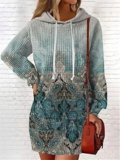 Women's Casual Dress Hoodie Dress Mini Dress Warm Fashion Outdoor Vacation Going Out V Neck Pocket Print Floral Geometric Loose Fit Pink Burgundy Blue S M L XL XXL -Tesla Style enrnae1694166439145