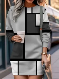 Women's Casual Dress Sweatshirt Dress Mini Dress Warm Fashion Outdoor Vacation Going Out Crew Neck Print Geometric Loose Fit Pink Blue Purple S M L XL XXL -Tesla Style envlyn1694576824076