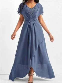Women's Party Dress Homecoming Dress Wedding Guest Dress Long Dress Maxi Dress Blue Short Sleeve Pure Color Lace Summer Spring V Neck Fashion Birthday Evening Party Wedding Guest 2023 S M L XL 2XL 3XL