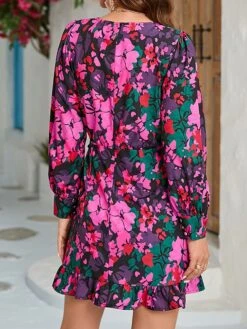 Women's Work Dress Semi Formal Dress Wrap Dress Fashion Mini Dress Lace Up Ruffle Crew Neck Long Sleeve Floral Regular Fit Black Pink Fuchsia Fall S M L XL XXL -Tesla Style eofbpa1693300627344