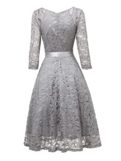 Women‘s Vintage Tea Dresses Party Dress Lace Dress Homecoming Dress Knee Length Dress Pink Wine Navy Blue 3/4 Length Sleeve Pure Color Lace Summer Spring Fall V Neck Classic Winter Dress -Tesla Style eofqua1600920046568