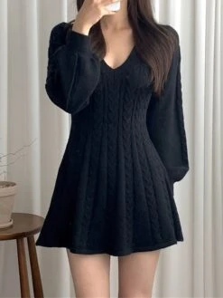 Women's Sweater Dress Jumper Dress Casual Dress Mini Dress Fashion Pure Color Outdoor Daily Going Out V Neck Long Sleeve 2023 Regular Fit Black Pink Khaki One Size -Tesla Style eoyczy1695805288739