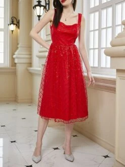 Women‘s Party Dress Homecoming Dress Cocktail Dress Midi Dress Red Sleeveless Pure Color Sparkly Glitter Sequins Summer Spring Fall Spaghetti Strap Fashion Wedding Guest Vacation Summer Dress -Tesla Style eoyjkl1690857834878