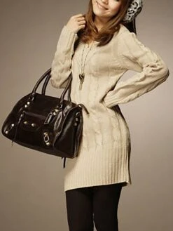 Women‘s Sweater Dress Winter Dress Green Beige Gray Long Sleeve Pure Color Ruched Winter Fall V Neck Casual 2022 One-Size -Tesla Style epdyyx1631956923085