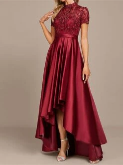 Women's Prom Dress Party Dress Swing Dress Long Dress Maxi Dress Wine Short Sleeve Pure Color Lace Summer Spring Fall Stand Collar Fashion Birthday Evening Party Wedding Guest 2023 S M L XL -Tesla Style epmrgd1677207640364