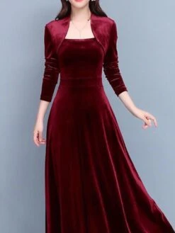 Women's Party Dress Velvet Dress A Line Dress Long Dress Maxi Dress Black Wine Dark Green Long Sleeve Pure Color Ruched Winter Fall Spring Square Neck Stylish Winter Dress Daily 2023 M L XL -Tesla Style epndbc1641898073307