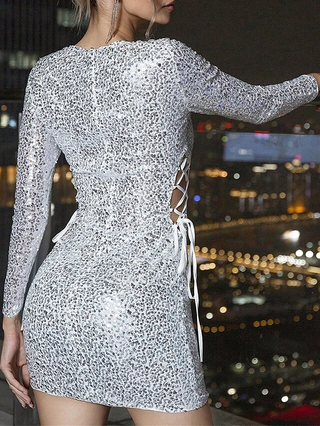 Women‘s Party Dress Sequin Dress Homecoming Dress Cocktail Dress Mini Dress Silver Long Sleeve Pure Color Sparkly Glitter Sequins Spring Fall Winter Crew Neck Fashion Wedding Guest 4 Women‘s Party Dress Sequin Dress Homecoming Dress Cocktail Dress Mini Dress Silver Long Sleeve Pure Color Sparkly Glitter Sequins Spring Fall Winter Crew Neck Fashion Wedding Guest - Image 2