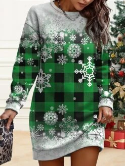 Women's Christmas Casual Dress Sweatshirt Dress Mini Dress Warm Fashion OutdoorVacation Crew Neck Print Geometric Snowflake Loose Fit Burgundy Brown Green S M L XL XXL