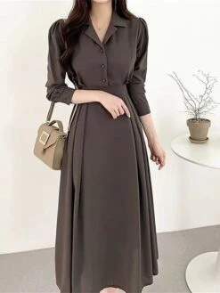 Women's Work Dress Semi Formal Dress A Line Dress Fashion Office Daily Workfashion Midi Dress Ruched Button Shirt Collar Long Sleeve Plain Loose Fit Black Brown Apricot Fall Winter S M L XL -Tesla Style eqlrue1695805444045