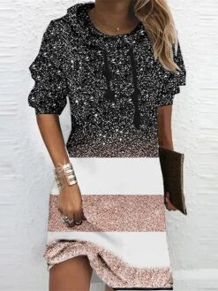 Women‘s Hoodie Dress Winter Dress Black Pink Dark Gray Long Sleeve Color Block Striped Print Winter Fall Hooded Vacation Casual Fall Dress 2022 S M L XL XXL 3XL -Tesla Style eqochq1665746397323