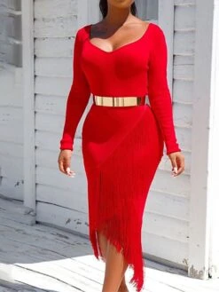 Women‘s Party Dress Wedding Guest Dress Fringe Dress Bodycon Midi Dress Black White Red Long Sleeve Pure Color Tassel Fringe Spring Fall Winter V Neck Fashion Winter Dress Vacation 2022 S M L XL XXL -Tesla Style erbwyr1640250273399