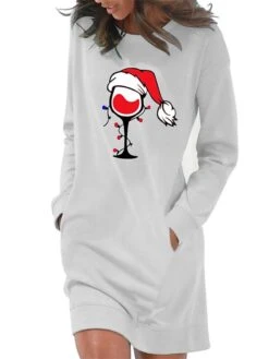 Women‘s Christmas Hoodie Dress Winter Dress Light Blue Grey White Long Sleeve Hat Pocket Print Winter Fall Crew Neck Stylish Casual Fall Dress Loose Fit 2022 S M L XL 2XL / Cotton -Tesla Style erqhix1666175053692