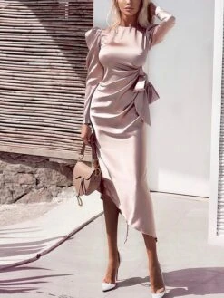 Women‘s Party Dress Wedding Guest Dress Satin Dress Pink Dress Midi Dress Pink Long Sleeve Print Ruched Winter Fall Autumn Crew Neck Elegant Wedding Party Winter Dress 2023 S M L XL XXL -Tesla Style erzkmx1627550615748