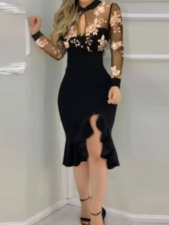 Women‘s Party Dress Wedding Guest Dress Sheath Dress Midi Dress Pink Red Long Sleeve Flower Ruffle Winter Fall Spring Stand Collar Fashion Party Spring Dress Slim 2023 S M L XL XXL -Tesla Style esfwlk1672136971870