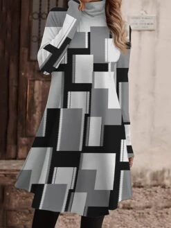 Women's Work Dress Casual Dress Fashion Winter Dress Daily Mini Dress Print Turtleneck Long Sleeve Geometric Plaid Regular Fit Yellow Pink Blue Fall Winter S M L XL XXL -Tesla Style eszrfd1694156880691