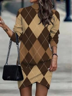 Women's Casual Dress Sweatshirt Dress Winter Dress Geometric Plaid Ruched Print Turtleneck Mini Dress Fashion Streetwear Outdoor Daily Long Sleeve Loose Fit Pink Burgundy Purple Fall Winter S M L XL -Tesla Style etanxz1694597719081