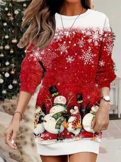 Women's Christmas Casual Dress Sweatshirt Dress Mini Dress Warm Fashion Outdoor Vacation Crew Neck Print Santa Claus Snowman Loose Fit White Wine Rusty Red S M L XL XXL -Tesla Style etcles1695365441446