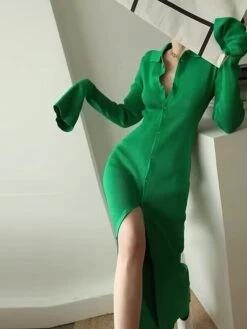 Women's Jumper Dress Knit Dress Midi Dress Daily Pure Color Casual Daily Turtleneck Long Sleeve Patchwork 2023 Regular Fit Black Green One Size -Tesla Style etdyxz1694499991013