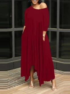 Women's Work Dress Black Dress White Dress Fashion Long Dress Maxi Dress Ruched Pocket One Shoulder 3/4 Length Sleeve Plain Regular Fit Black White Pink Fall S M L XL XXL