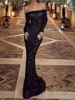 Women‘s Prom Dress Party Dress Sequin Dress Long Dress Maxi Dress Black White Wine Long Sleeve Pure Color Sparkly Glitter Sequins Spring Fall Winter Off Shoulder Fashion Winter Dress Wedding -Tesla Style etsbsh1692872426807