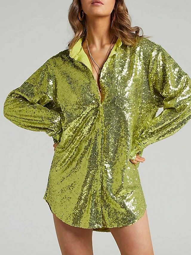 Women's Shirt Dress Party Dress Sequin Dress Mini Dress Light Pink Blue Green Long Sleeve Pure Color Sequins Spring Fall Winter Shirt Collar Fashion Winter Dress Vacation Fall Dress 2023 S M L 3 Women's Shirt Dress Party Dress Sequin Dress Mini Dress Light Pink Blue Green Long Sleeve Pure Color Sequins Spring Fall Winter Shirt Collar Fashion Winter Dress Vacation Fall Dress 2023 S M L