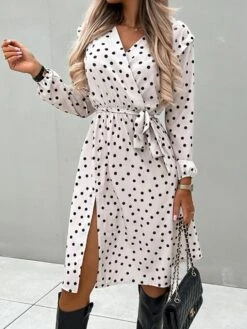 Women's Work Dress Sheath Dress Semi Formal Dress Fashion Midi Dress Lace Up Split V Neck Long Sleeve Polka Dot Loose Fit Black White Red Fall Winter S M L XL XXL -Tesla Style eufged1692080013352