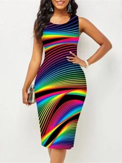 Women's Work Dress Sheath Dress Semi Formal Dress Elegant Midi Dress Print Crew Neck Sleeveless Rainbow Slim White Yellow Blue Summer Spring S M L XL XXL -Tesla Style euhhgl1677122610266