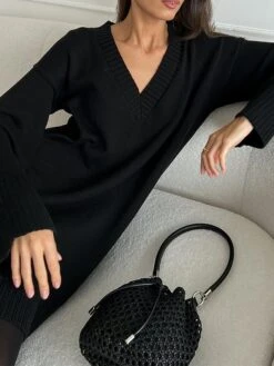 Women's Sweater Dress Jumper Dress Casual Dress Midi Dress Warm Pure Color Outdoor Casual Daily Going Out V Neck Long Sleeve 2023 Loose Fit Black Rose Red S M L -Tesla Style euunuu1694586611209