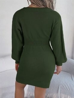 Women's Sweater Dress Winter Dress Jumper Dress Mini Dress Warm Pure Color Outdoor Casual Holiday Vacation V Neck Long Sleeve 2023 Regular Fit Pink Burgundy Green S M L -Tesla Style euxfkk1696926499205