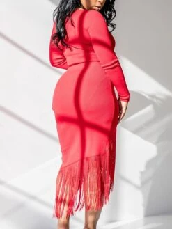 Women‘s Party Dress Wedding Guest Dress Fringe Dress Bodycon Midi Dress Black White Red Long Sleeve Pure Color Tassel Fringe Spring Fall Winter V Neck Fashion Winter Dress Vacation 2022 S M L XL XXL -Tesla Style evpbed1640250273657